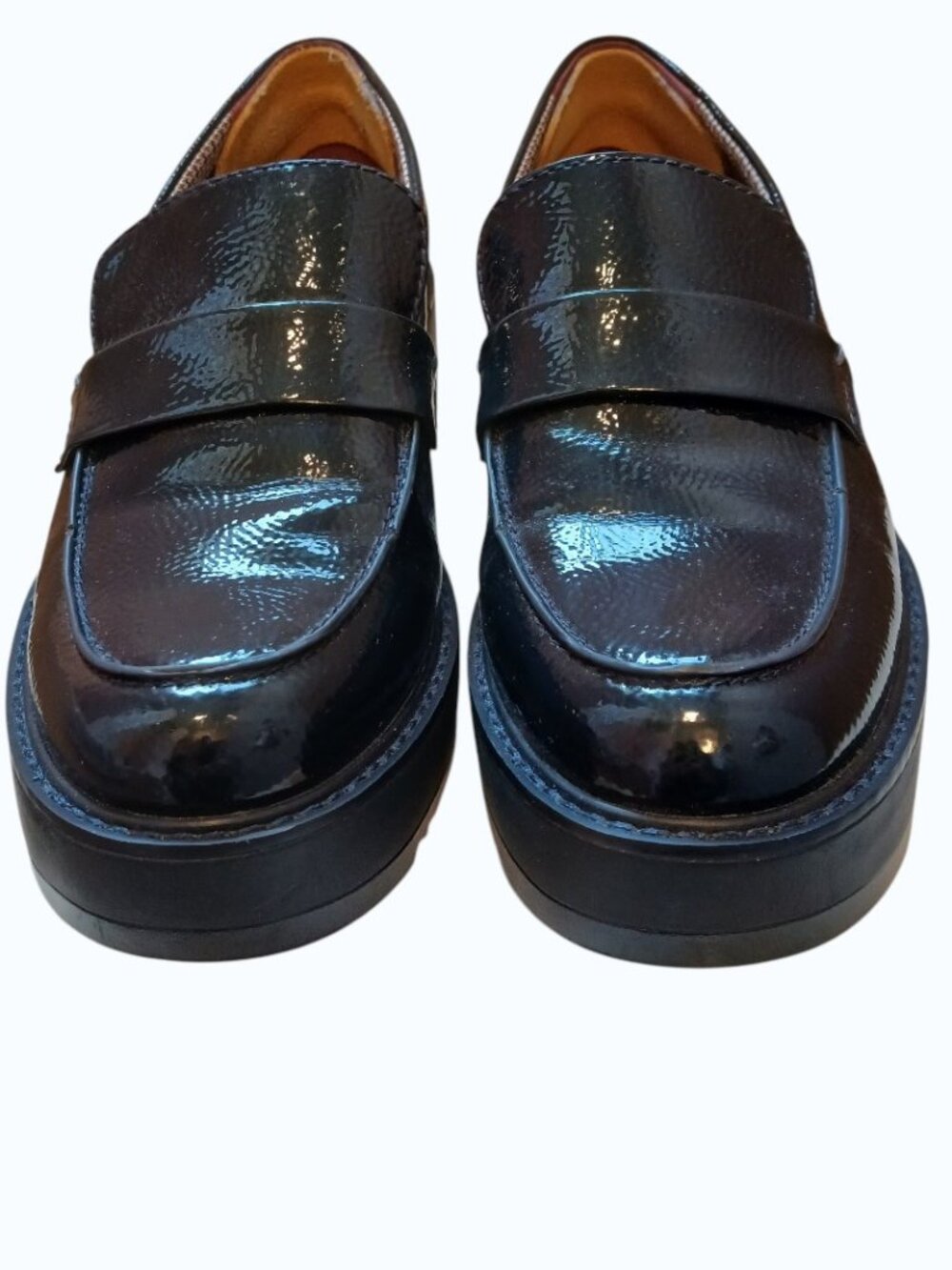 FRANCO SARTO Navy Blue Patent Leather Platform Loafers - Picture 9 of 12